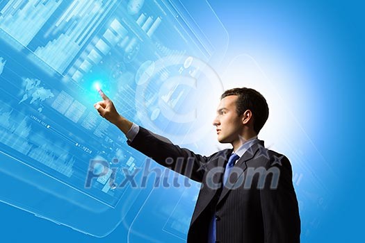 Image of businessman pushing icon of media screen. Marketing concept Image of businessman pushing icon of media screen. Marketing concept