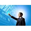 Image of businessman pushing icon of media screen. Marketing concept