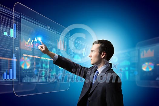 Image of businessman pushing icon of media screen. Marketing concept Image of businessman pushing icon of media screen. Marketing concept