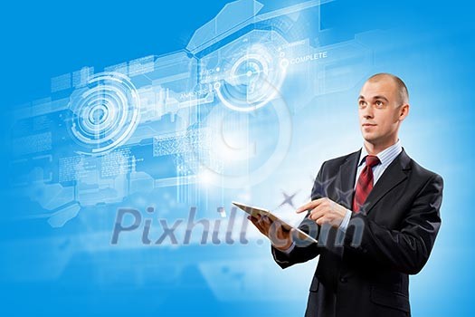 Image of businessman with tablet pc against media background Image of businessman with tablet pc against media background