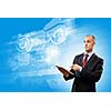 Image of businessman with tablet pc against media background