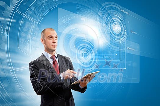 Image of businessman with tablet pc against media background Image of businessman with tablet pc against media background
