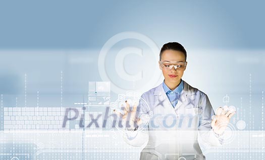 Image of young woman scientist touching icon of media screen Image of young woman scientist touching icon of media screen
