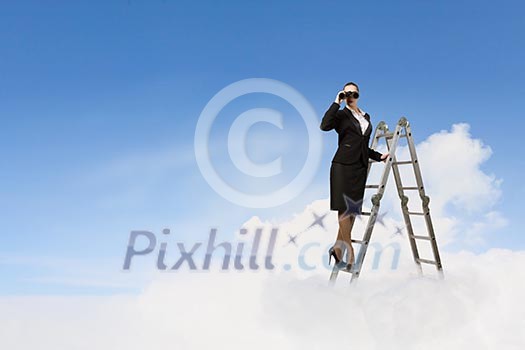 Image of businesswoman standing on ladder and looking in binoculars Image of businesswoman standing on ladder and looking in binoculars