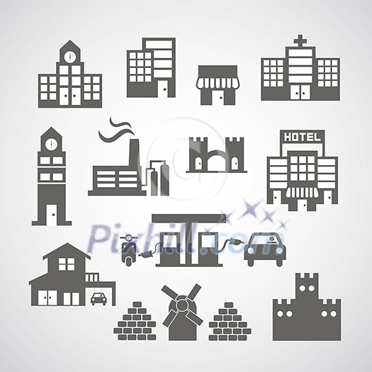 buildings icon on gray background 