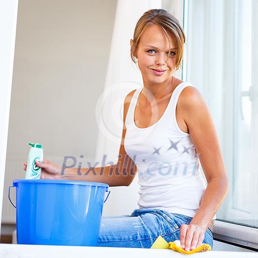 Pretty, young woman doing house work - washing windows (shallow DOF; color toned image) Pretty, young woman doing house work - washing windows (shallow DOF; color toned image)
