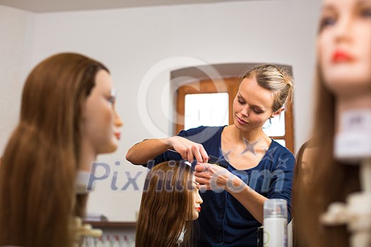 Pretty female hairdresser/haidressing apprentice/student training on an apprentice head Pretty female hairdresser/haidressing apprentice/student training on an apprentice head