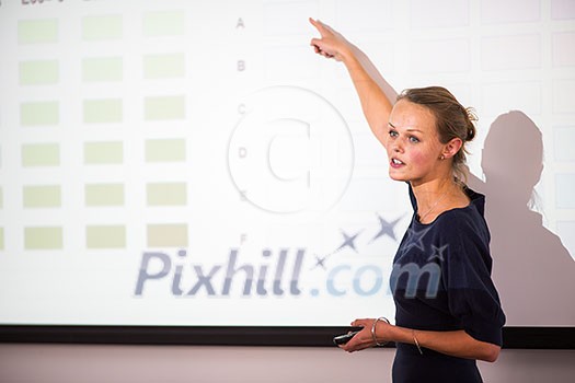 Pretty, young business woman giving a presentation in a conference/meeting setting (shallow DOF; color toned image) Pretty, young business woman giving a presentation in a conference/meeting setting (shallow DOF; color toned image)