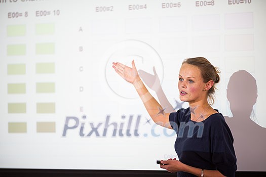 Pretty, young business woman giving a presentation in a conference/meeting setting (shallow DOF; color toned image) Pretty, young business woman giving a presentation in a conference/meeting setting (shallow DOF; color toned image)