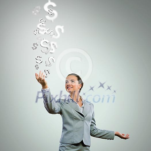 Image of young happy businesswoman. Currency concept Image of young happy businesswoman. Currency concept