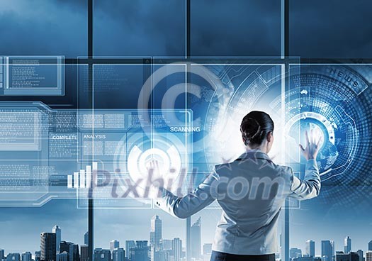 Image of businesswoman pushing icon on media screen Image of businesswoman pushing icon on media screen