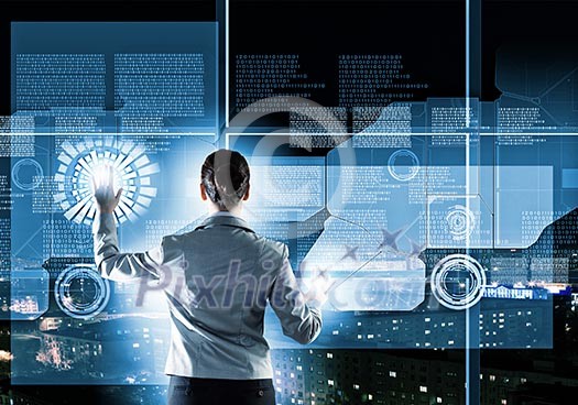 Image of businesswoman pushing icon on media screen Image of businesswoman pushing icon on media screen