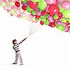 Image of little cute boy holding bunch of colorful balloons