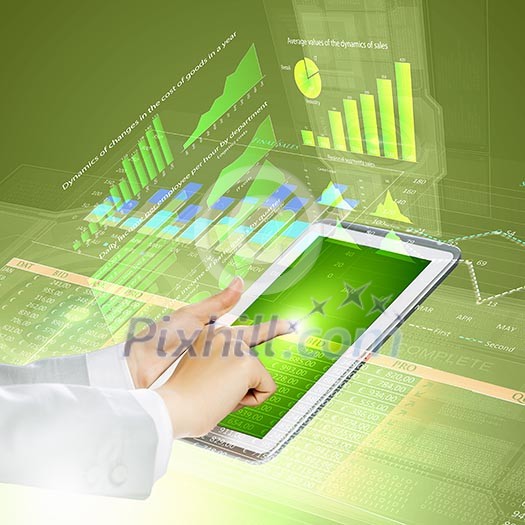 Close up image of human hand touching screen of tablet pc Close up image of human hand touching screen of tablet pc