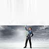 Image of young businessman pulling blank banner from above