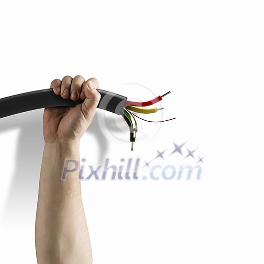 Cable in human hand. Power and connection Cable in human hand. Power and connection