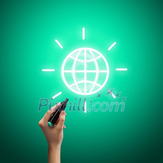 Close up of human hand drawing globe. Technologies concept Close up of human hand drawing globe. Technologies concept