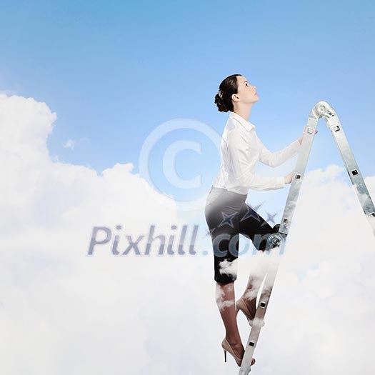 Image of young ambitious businesswoman climbing ladder. Promotion concept Image of young ambitious businesswoman climbing ladder. Promotion concept