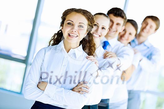 Image of young business people standing in line. Interaction concept Image of young business people standing in line. Interaction concept