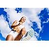 Bottom view of sport girl in white wear running