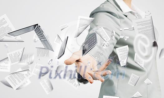 Businesswoman, secretary throwing devices. Office life concept Businesswoman, secretary throwing devices. Office life concept