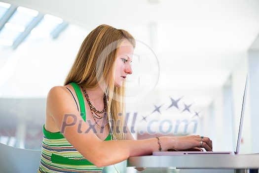 pretty female college student working on her laptop computer on campus, before class (color toned image; shallow DOF) pretty female college student working on her laptop computer on campus, before class (color toned image; shallow DOF)
