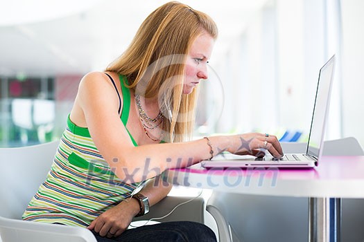pretty female college student working on her laptop computer on campus, before class (color toned image; shallow DOF) pretty female college student working on her laptop computer on campus, before class (color toned image; shallow DOF)