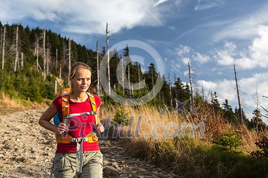 Pretty, female hiker going downhill in warm evening light Pretty, female hiker going downhill in warm evening light
