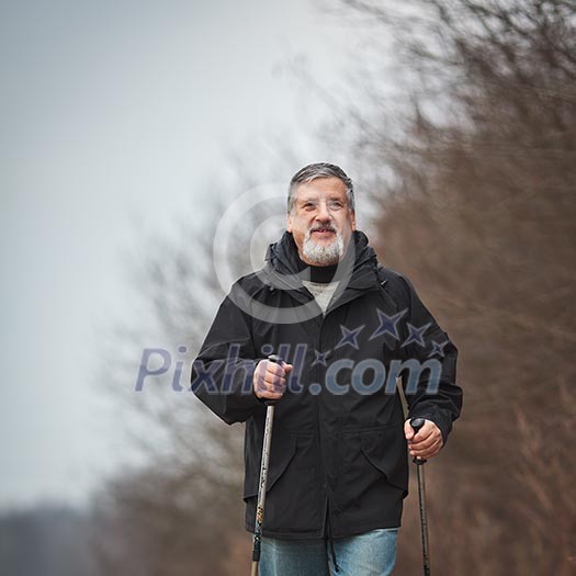 Senior man nordic walking, enjoying the outdoors, the fresh air, getting the necessary exercise Senior man nordic walking, enjoying the outdoors, the fresh air, getting the necessary exercise