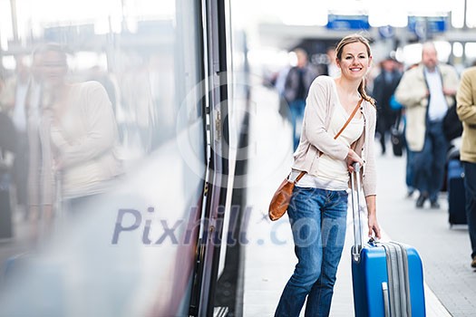 Pretty young woman boarding a train Pretty young woman boarding a train