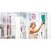 pretty young college student in a library (shallow DOF; color toned image)