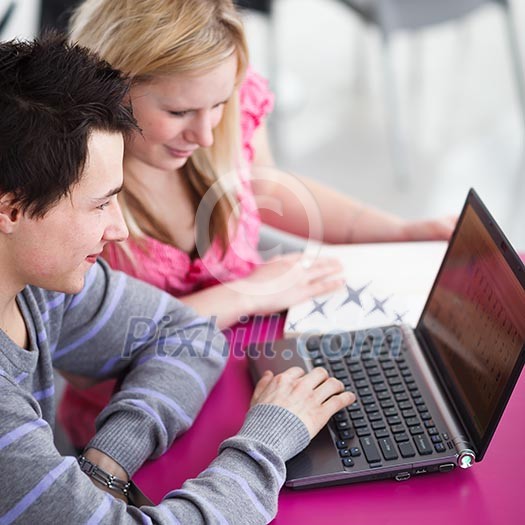 Two college students having fun studying together, using a laptop computer on campus, between classes (shallow DOF, color toned image) Two college students having fun studying together, using a laptop computer on campus, between classes (shallow DOF, color toned image)