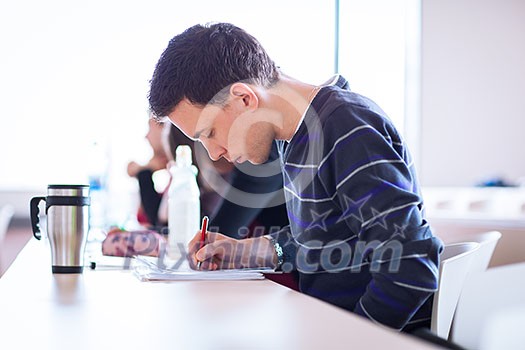young, handsome male college student sitting in a classroom full of students during class (color toned image; shallow DOF) young, handsome male college student sitting in a classroom full of students during class (color toned image; shallow DOF)