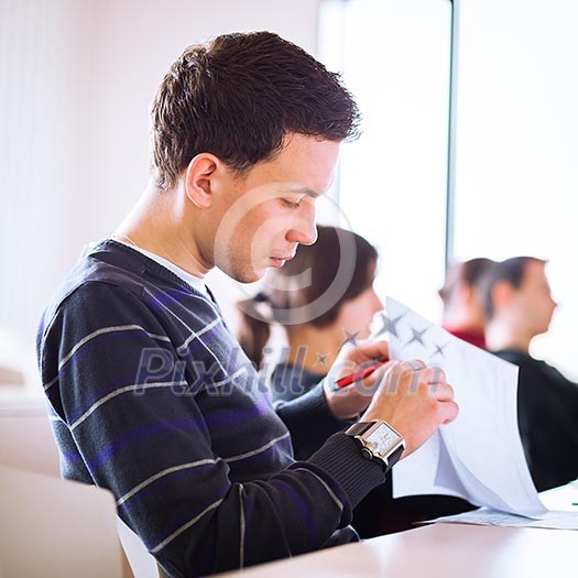 young, handsome male college student sitting in a classroom full of students during class (color toned image; shallow DOF) young, handsome male college student sitting in a classroom full of students during class (color toned image; shallow DOF)