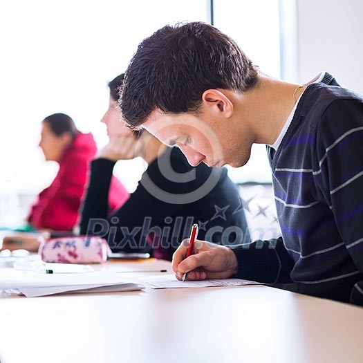 young, handsome male college student sitting in a classroom full of students during class (color toned image; shallow DOF) young, handsome male college student sitting in a classroom full of students during class (color toned image; shallow DOF)
