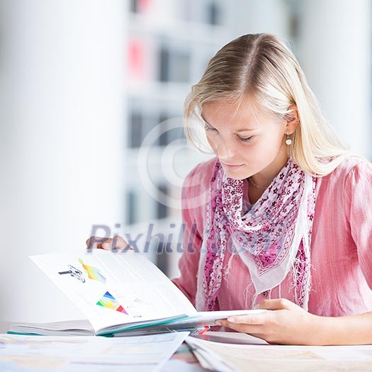 in the library - pretty female student with books working in a high school library (color toned image) in the library - pretty female student with books working in a high school library (color toned image)