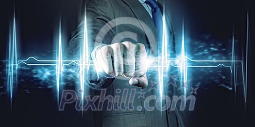 Businessman holding lightning in fist. Power and control Businessman holding lightning in fist. Power and control