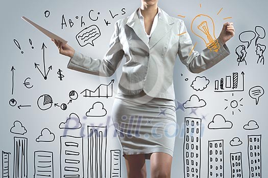 Businesswoman against sketch background. New idea and strategy Businesswoman against sketch background. New idea and strategy