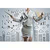 Businesswoman against sketch background. New idea and strategy
