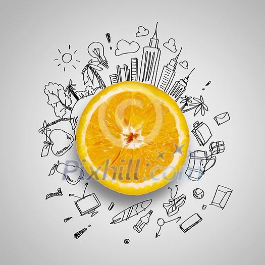 Orange half against background with business sketches Orange half against background with business sketches