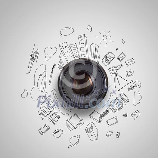 Camera lens against light background. Photography business Camera lens against light background. Photography business