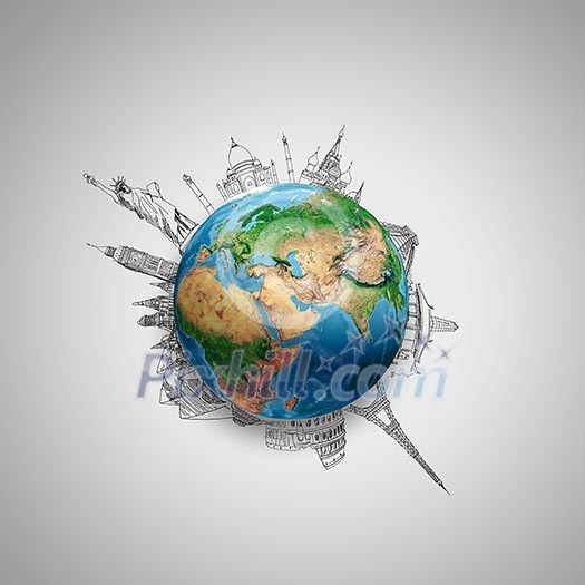 Earth planet on grey background with pencil sketches. Elements of this image are furnished by NASA Earth planet on grey background with pencil sketches. Elements of this image are furnished by NASA