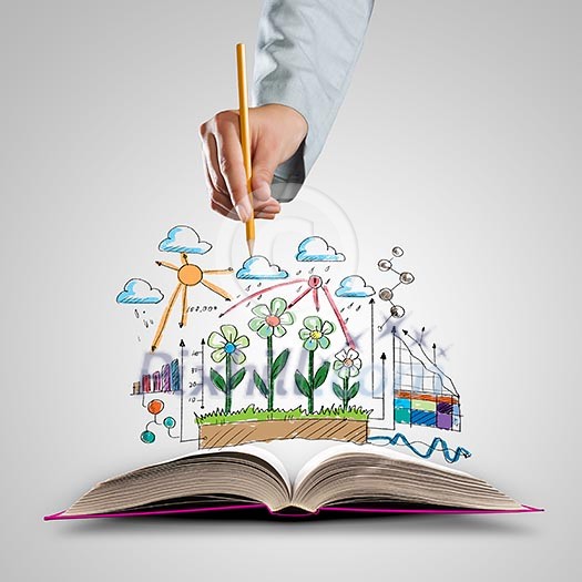 Opened book with business sketches and hand holding pen Opened book with business sketches and hand holding pen