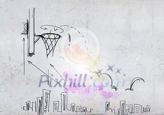 Background image with sketches and drawings on grey wall Background image with sketches and drawings on grey wall