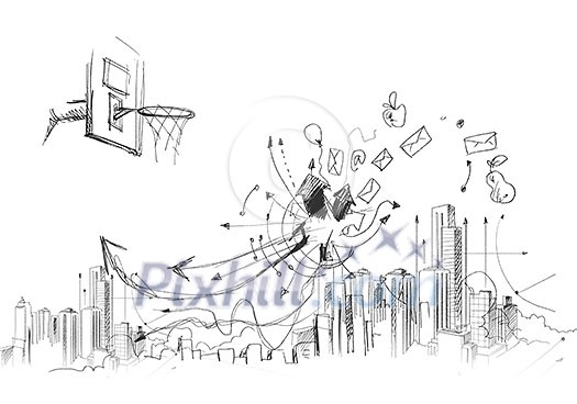 Background image with sketches and drawings on grey wall Background image with sketches and drawings on grey wall