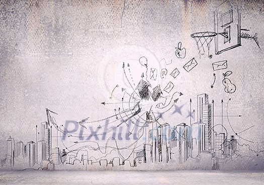 Background image with sketches and drawings on grey wall Background image with sketches and drawings on grey wall