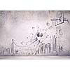 Background image with sketches and drawings on grey wall