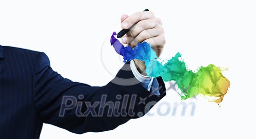 Businessman against white background drawing colorful splashes with marker Businessman against white background drawing colorful splashes with marker