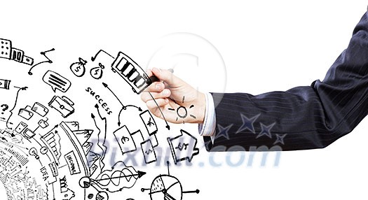 Close up of businessman hand drawing sketches Close up of businessman hand drawing sketches