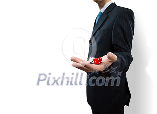 Close up of businessman throwing dice. Gambling concept Close up of businessman throwing dice. Gambling concept